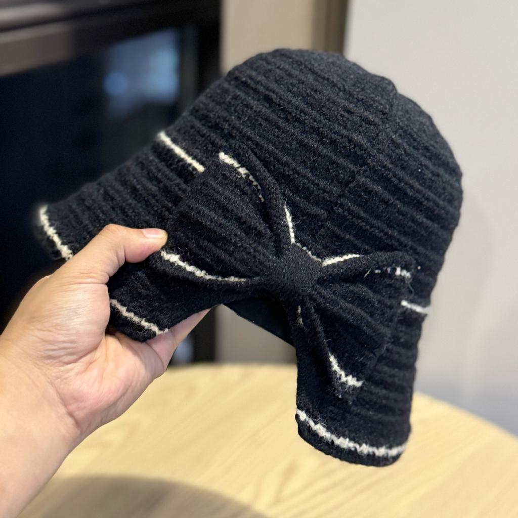 New Korean Style Knitted Bow Fisherman Hat for Women Versatile Face Showing Small Basin Hat Foldable Autumn and Winter Bucket Hat