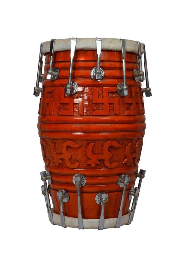 Traditional Wooden Dholak with Om & Swastik Carved Design – Nut & Bolt Tuning | Handcrafted Indian Musical Instrument