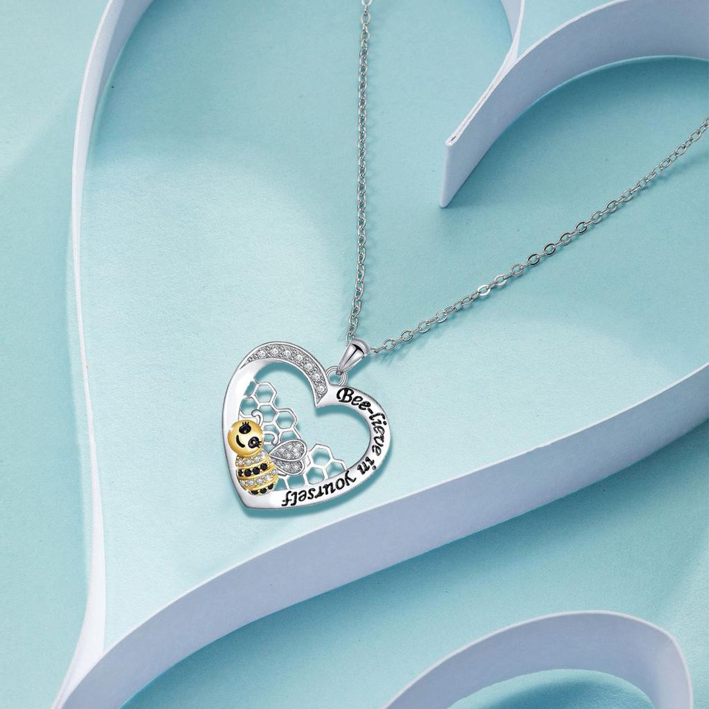 Ny Stil Trendigt Oändlig Kärlek Bi Hjärta-formad Halsband för Kvinnor, Text Litet Bi Drop Oljefärg Hänge