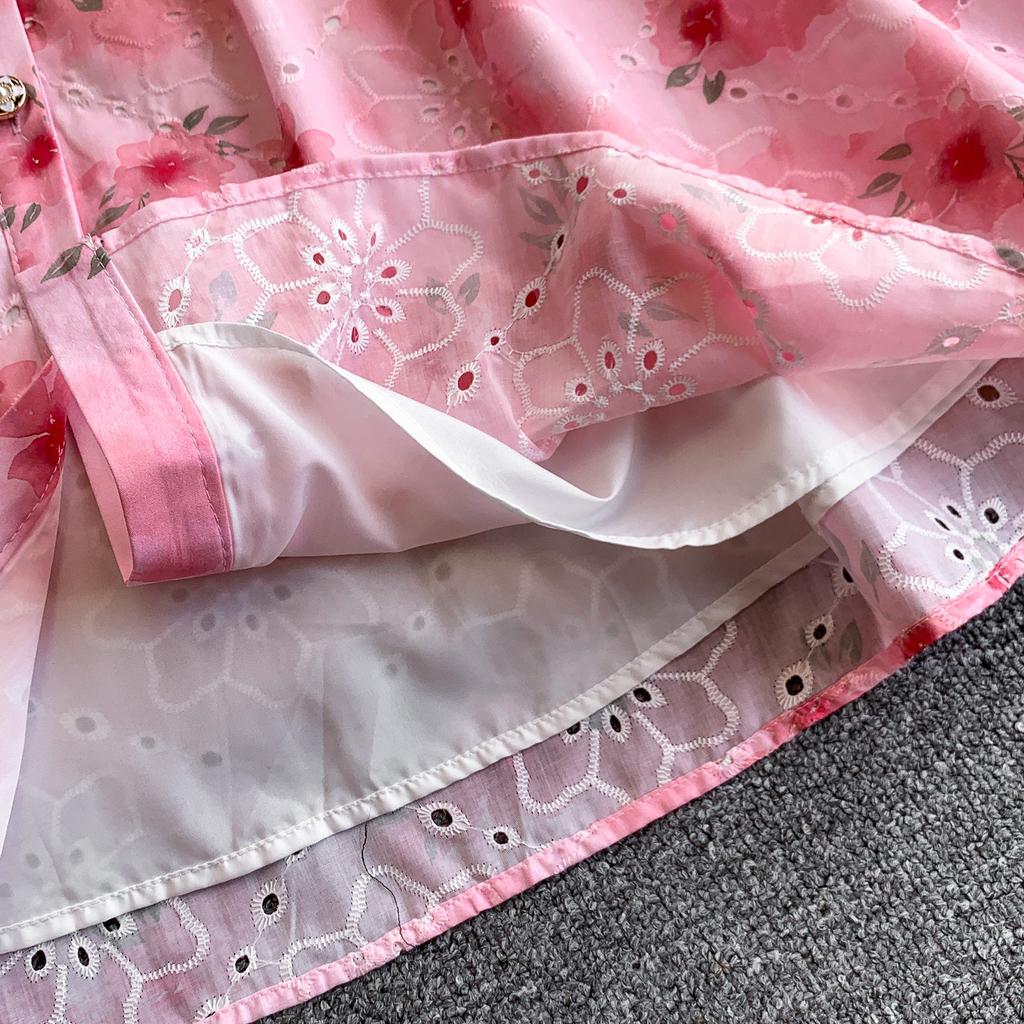 Gentle Pink Green and Yellow Embroidered Print Drop-Shoulder Shirt Dress for Women Summer Button-Down Belt Slim Midi Dress