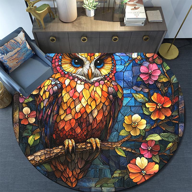 Owls and Flowers Round Area Rug,Carpet Rug for Living Room Bedroom Sofa Playroom Decor,Non-slip Floor Mat