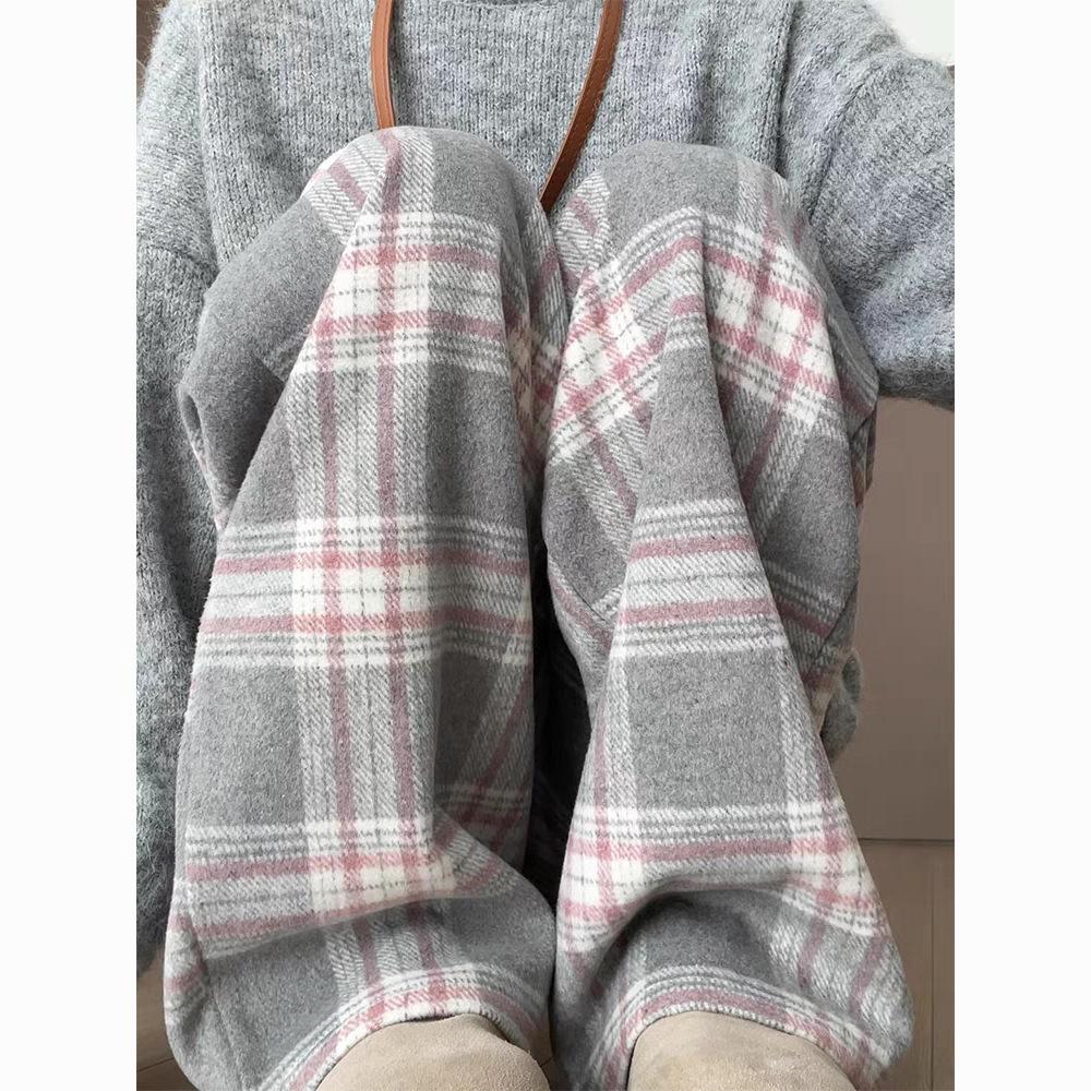 Woolen Plaid Pants Women's Spring New Retro Drape and Thin Casual Pants Loose Straight Wide-leg Pants