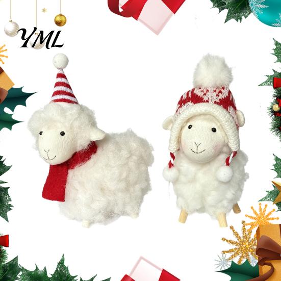 Desktop Festive Ornaments Plush White Sheep Christmas Ornament, Cute Knit Hat Lamb Tabletop Decoration, Soft Knitted Accessories Fabric Hanging