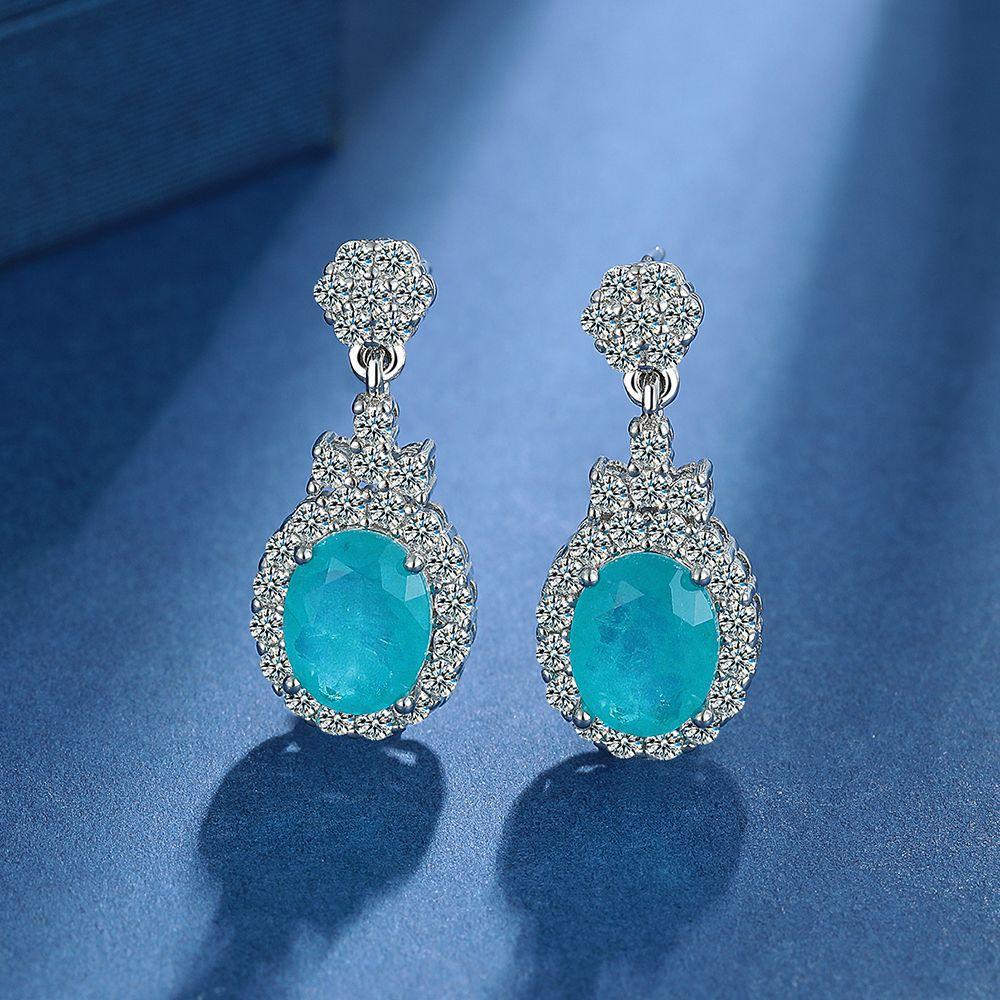 925 Sterling Silver Fashion Blue Zircon Full Diamond Necklace Earrings Set Birthday Anniversary Party Set Gift