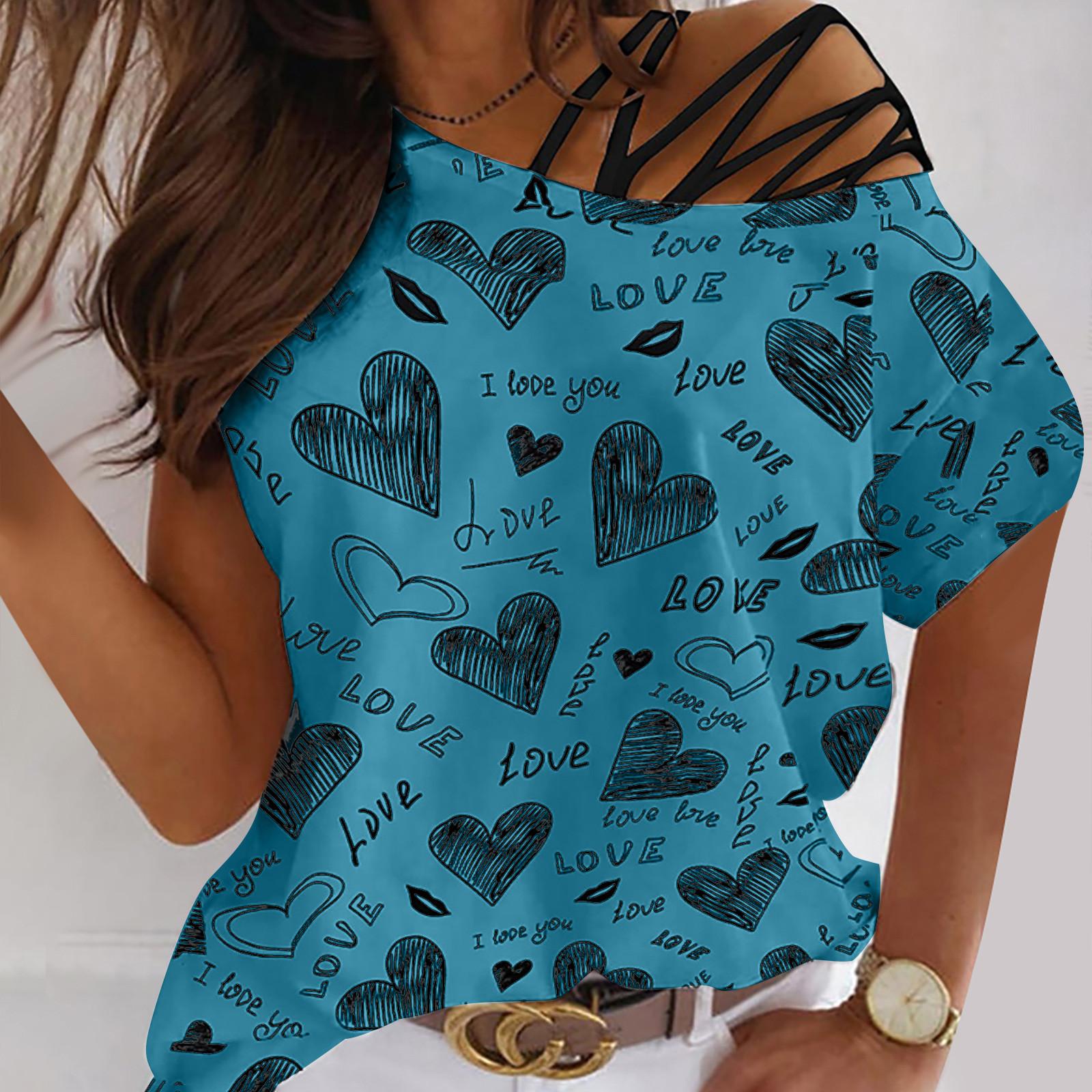 

Женская летняя футболка с принтом «Любовь», повседневная футболка с круглым вырезом и открытыми плечами, нерегулярная футболка с короткими рукавами L