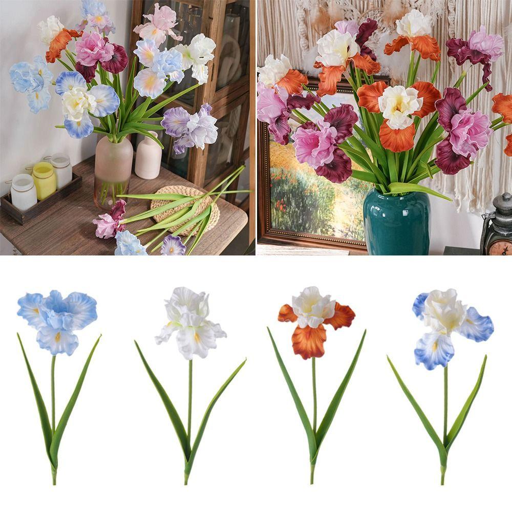 Multicolor Artificial Iris Flower Green Leaves Soft Petals Faux Flower Floral Arrangement Photo Props Lifelike Flower