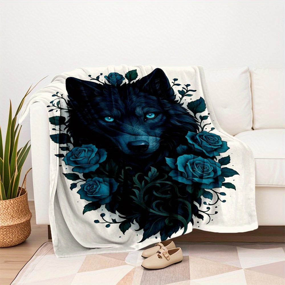 1Pc Wolf Roses Print Flannel Blanket, High Quality Digital Printing, Comfortable for All Seasons, Home DecorGifts821007