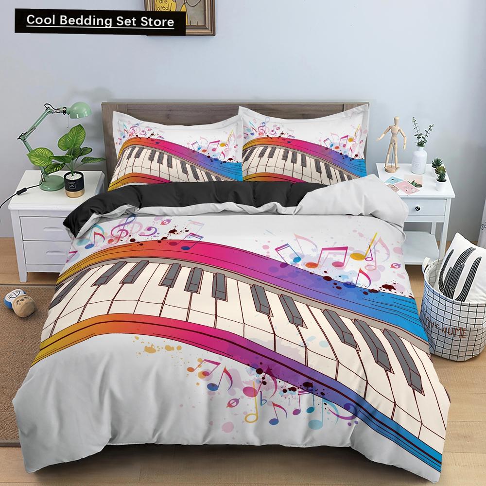Piano Music King Queen Duvet Cover Musical Notes Bedding Set For Kids Teens Girls Black And White Piano Keys 2/3Pcs Quilt Cover