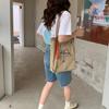 Women Color Contrast Weave Belt Canvas Shoulder Bag Embroidered Large Capacity Student Tote Bag