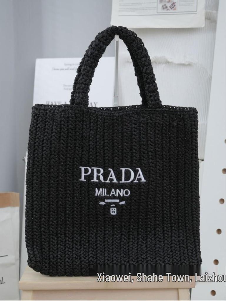 Striped Handmade Straw Tote with Letter Embroidery - Casual Beach Travel Bag