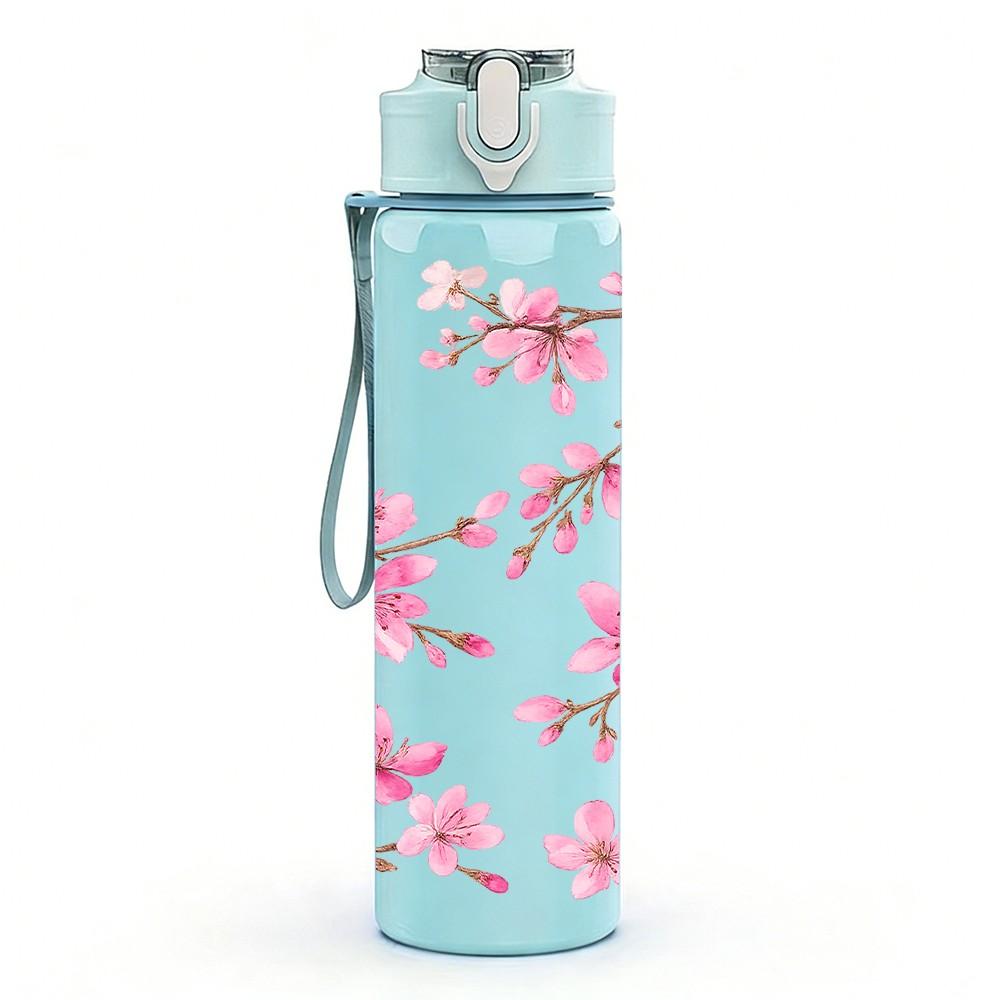 1PC Pink Cherry Blossom Floral Print 750ml Color Plastic Sports Water Bottle Leakproof Flip Straw Lid Suitable for Sports Office Home Use