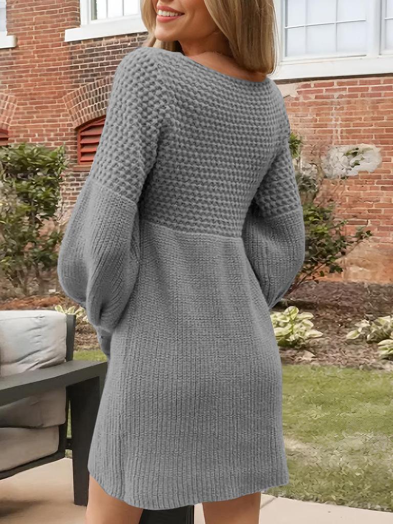 2026 Autumn/Winter V-neck Puff Sleeve Knit Sweater Dress - Women's Casual Solid Color Style