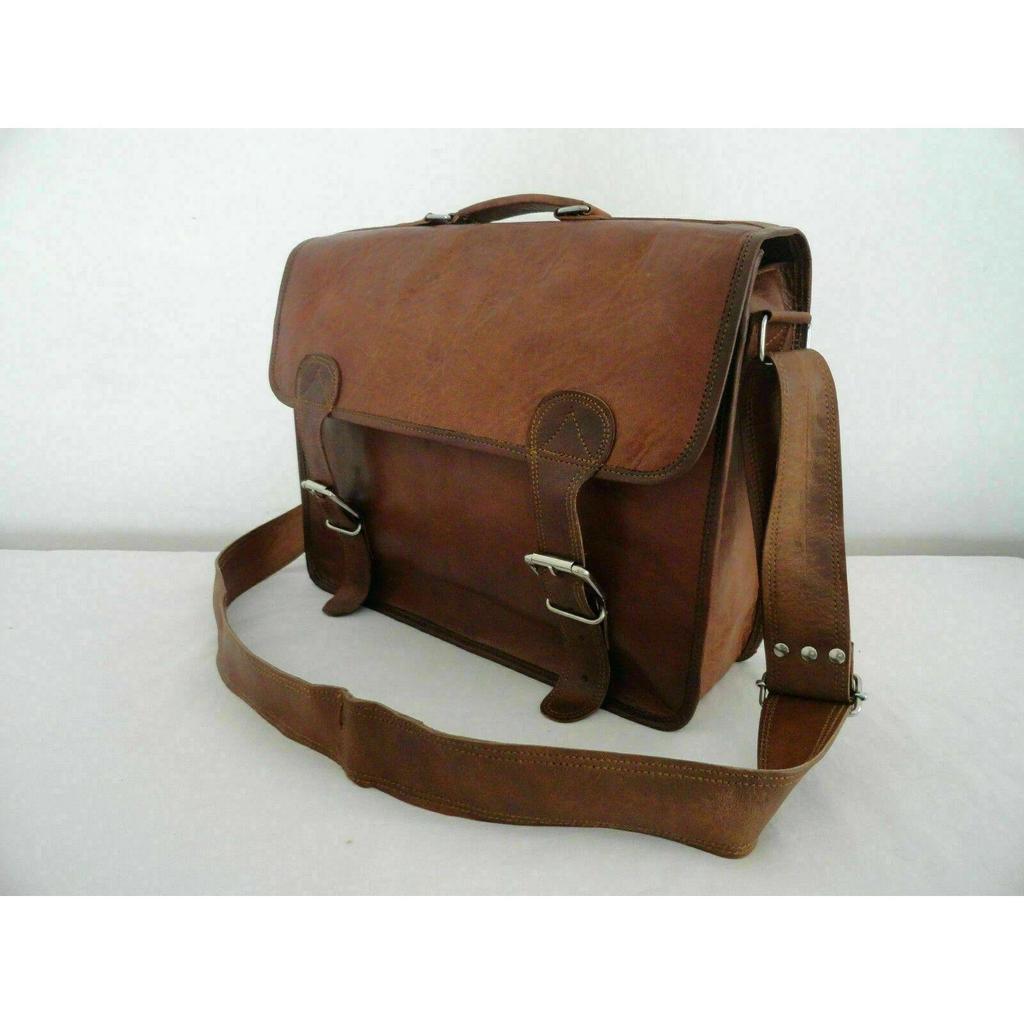 Real Satchel Bag Genuine Laptop Brown Briefcase Casual Goat Leather Messenger