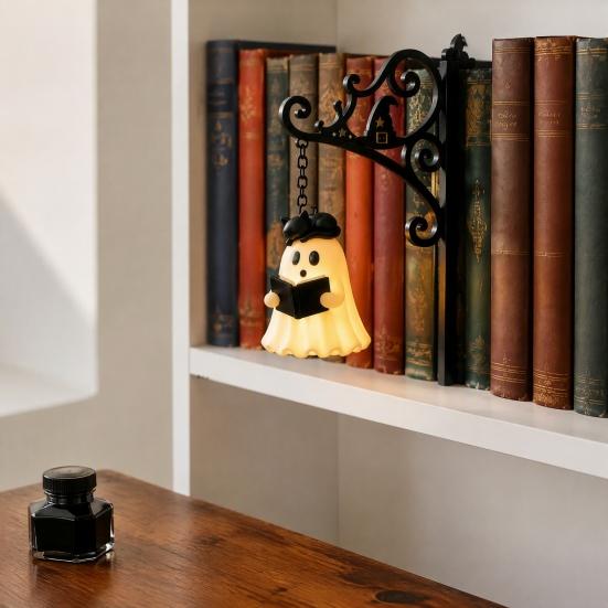 3D Printed Home Accents Hanging Ghost Book Light, Spooky Iron Bookshelf Decor with Warm Decorative Pendant Glow, Gothic Reading Corner Ambient