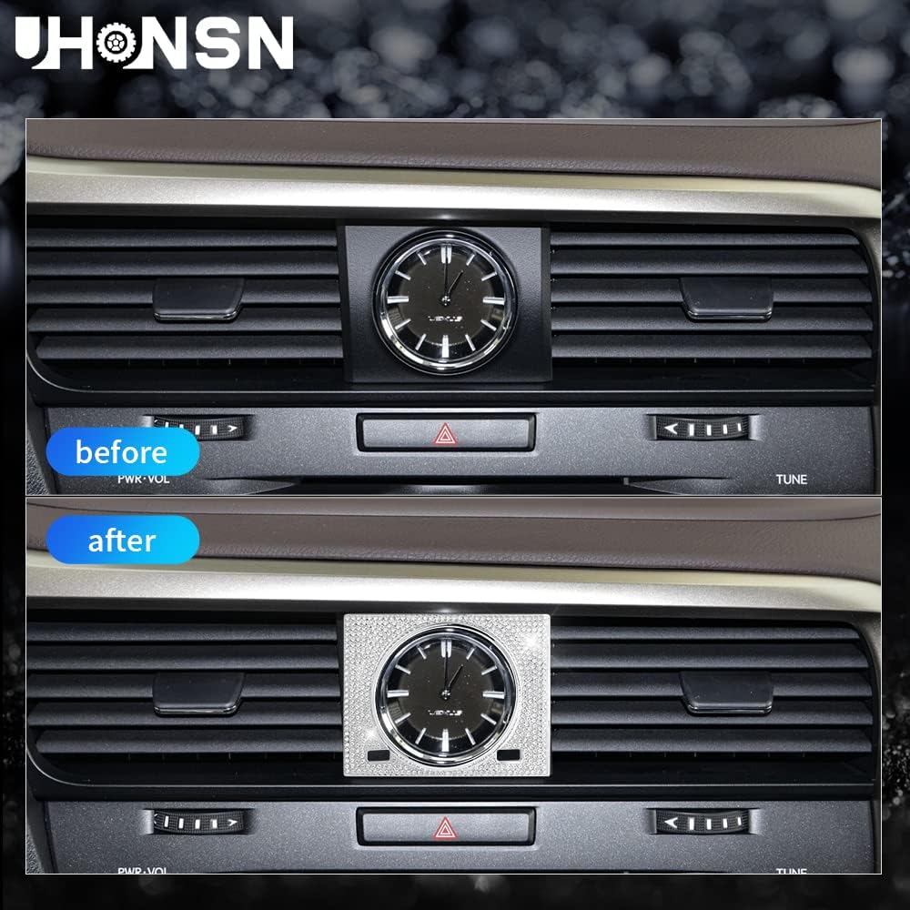 UHONSN 3Pcs Car Interior Accessories for Lexus RX Bling Volume Knob Cap Clock Frame Cover Sticker Decoration Parts Decals Women Men Silver Crystal