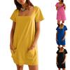 Summer Square Collar Long Dresses Casual Pocket Short Sleeve Dress