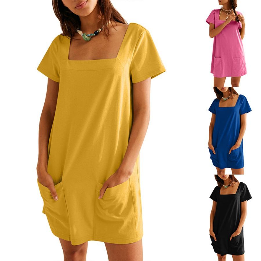 Summer Square Collar Long Dresses Casual Pocket Short Sleeve Dress