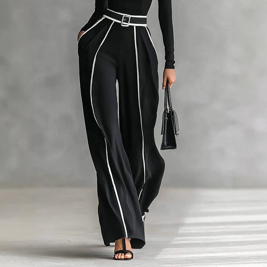 Completo Top a Collo Alto a Manica Lunga con Pantaloni a Gamba Larga Striscia Laterale Cintura Regolabile