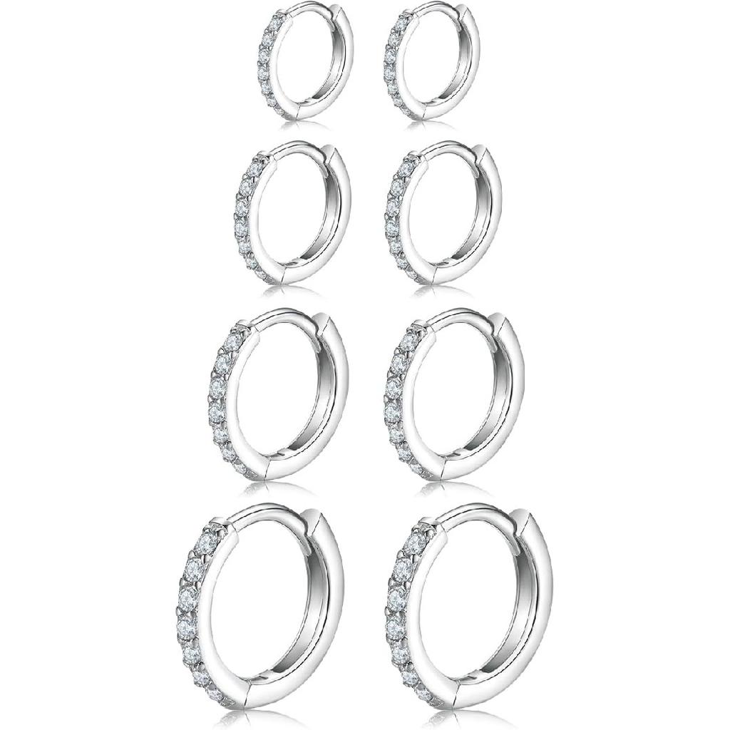 3 Pairs 925 Sterling Silver Small Hoop Earrings for Women Men | Cubic Zirconia, 14K White Gold Plated Huggie Hoop Earrings, Hypoallergenic