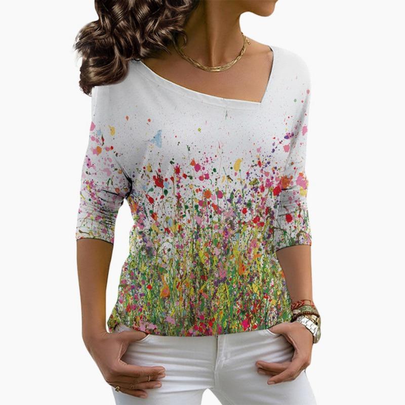 

Мода Лето Новый Диагональный Воротник Женские Футболки Цветочная 3D Печать Длинный Рукав Свободный Осень Женская Одежда Рубашка Топ Харадзюку 2XL