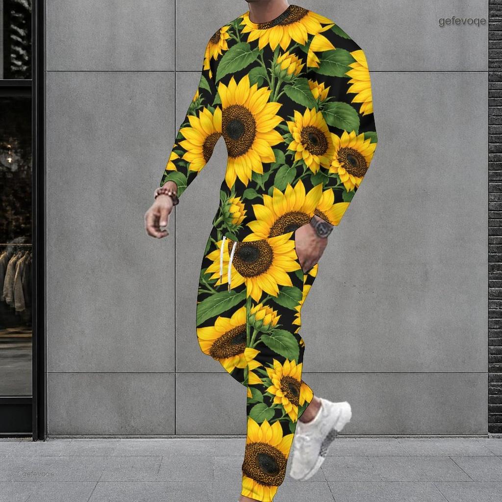 Men Plus Size Bamboo Stripe Printed Round Neck Long Sleeve Top And Cuffed Pants Two Piece Set