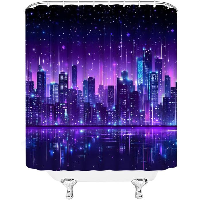 New York Shower Curtain City Night View Cyberpunk Cityscape Skyline Building Scenery Fantasy Bathroom Curtains with Hooks