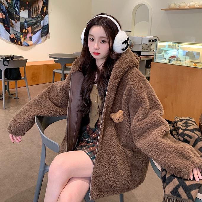 Women Gardigan Hoodies Girl Winter Loose Fluffy Bear Ear Hoodie Jacket Including Brooch