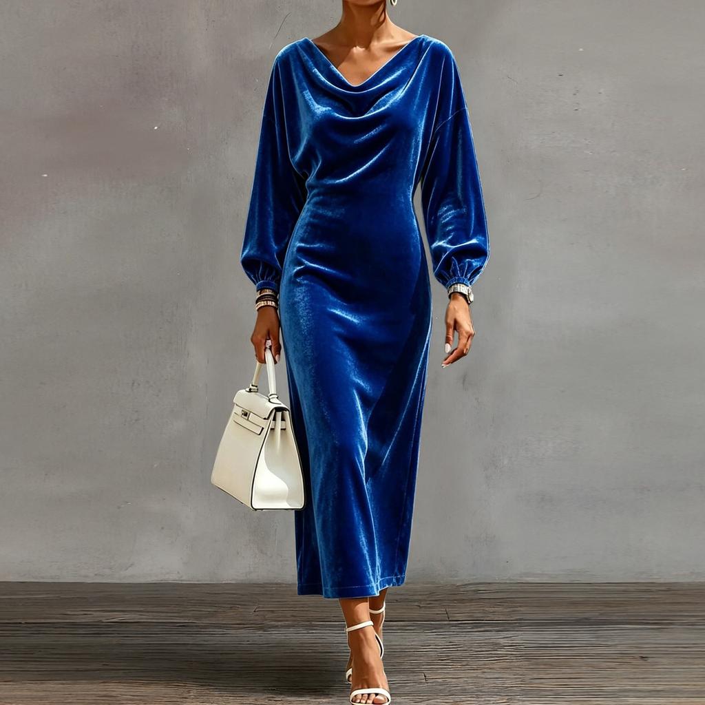 Women's Velvet Cowl Neck Sleeve Long Dress with Side Slit