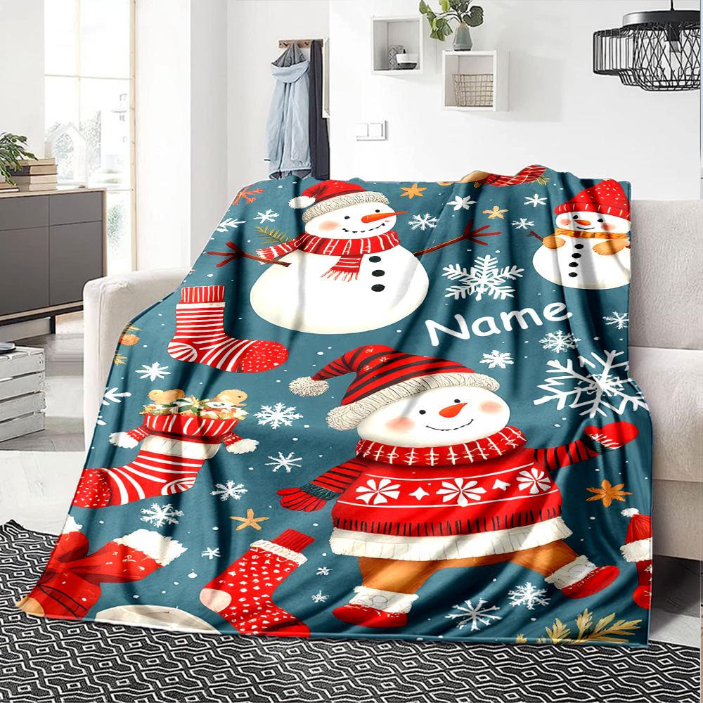 Custom Name Christmas Snowman Theme Printed Blanket - Perfect for Couch, Bed, Travel & Outdoor Use | Machine Washable, Cozy & Durable.