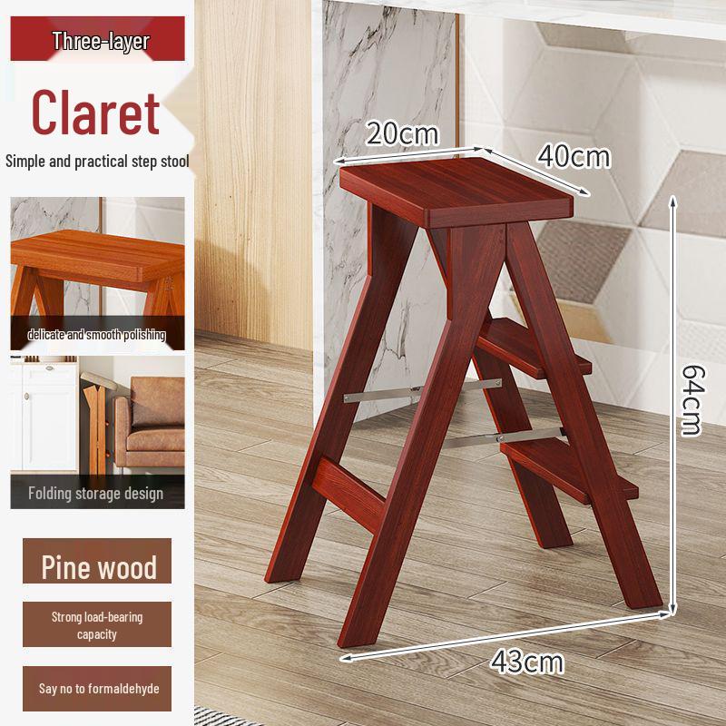 Three-Step Solid Wood Folding Ladder Stool: Multifunctional for Kitchen and Bar Use
