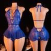 Blue Open Crotch Women Body Suit Crotchless Adult Sexy Erotic Lingerie Pajamas Lace Temptation Sex Bodysuit V-neck Hot Underwear