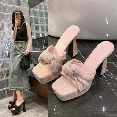Mode Luxus Tweed Stoff Schleife Sandalen Damen Plateau High Heels Pantoletten Keilabsatz Schuhe Damen Sommer Zehenfrei Party Laufsteg Zehensandalen