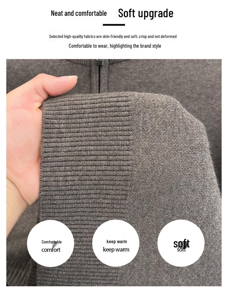 Men's Autumn/Winter Embroidered Knit Sweater: Zipper Stand Collar, Middle-aged Style, Fashionable & Thick, Versatile Warmth