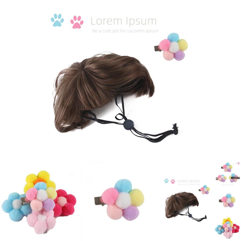 Charming Pet Wig Accessories Including Brown Bob Wig And Vibrant Flower Clips For Dogs And Cats