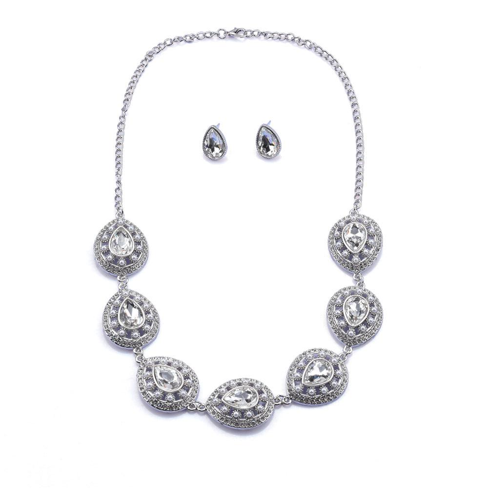 Exaggerated Color Diamond-Set Pearl Jewelry Set Luxury Dinner Temperament Rhinestone Necklace Water Drop Earrings