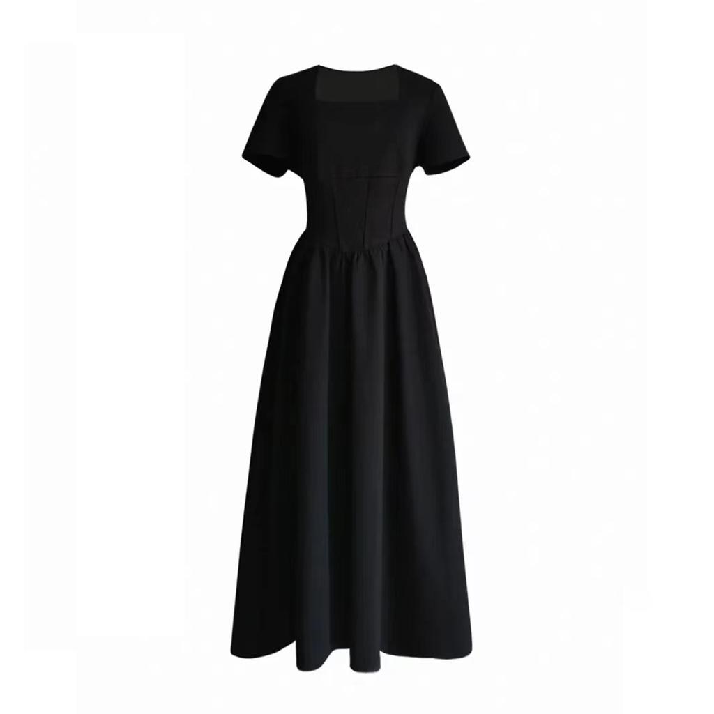 Square collar fishbone pinched waist small black dress summer dress women's waist small fat and thin spring and summer Hepburn dress
