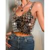 Women Sparkly Sequins Silver Chest Chain Bra Metallic Halter Backless Cami Crop