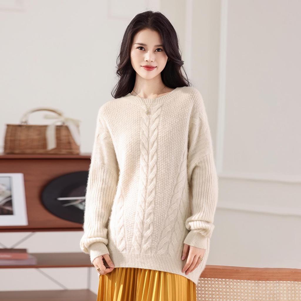 2025 Autumn/Winter Women's Wool Cable Knit Drop Shoulder Pullover Sweater