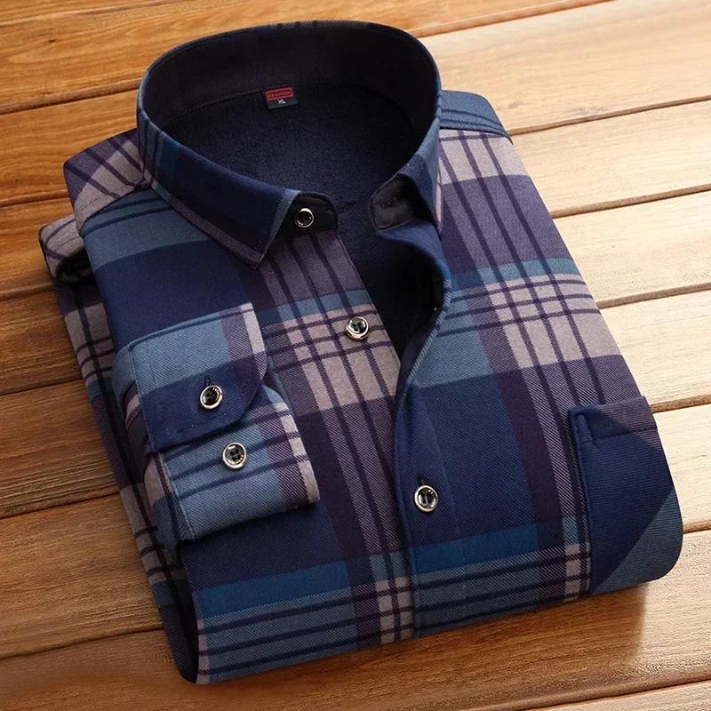 Autunno Inverno 2026 Camicie Casual a Quadri da Uomo Camicie Base Calde per Ufficio Maglie a Manica Lunga in Pile per Uomo Top