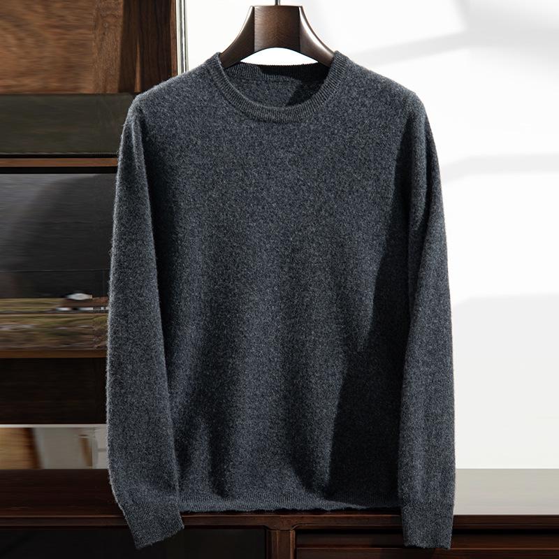 Men's Thick Warm Cashmere Sweater - Solid Color Round Neck Loose Fit