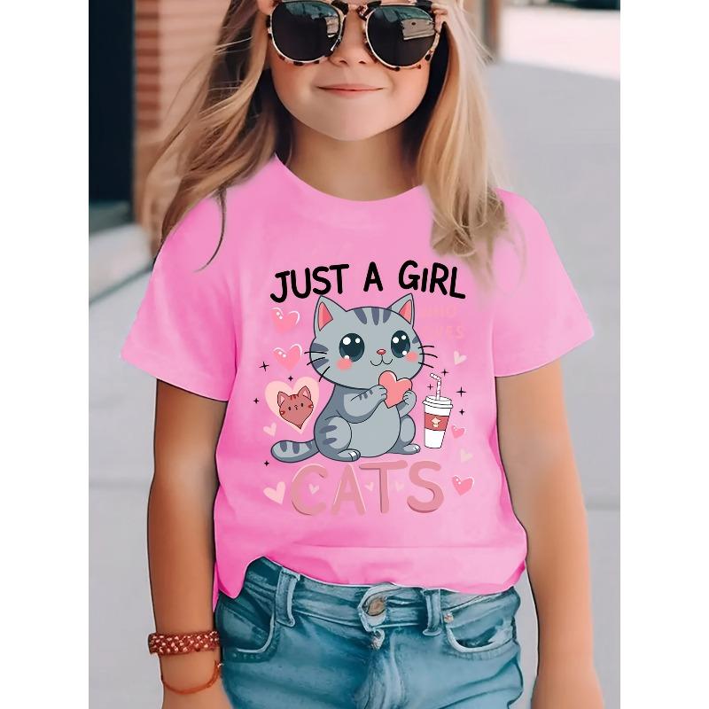 Европейские размеры Летняя мода Девочки Футболка с коротким рукавом ПРОСТО ДЕВОЧКА КОШКИ Принт с буквами Повседневная Универсальная 164cm розовый