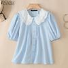 ZANZEA Women Casual Splice Doll Collar Summer Short Sleeve Blouse