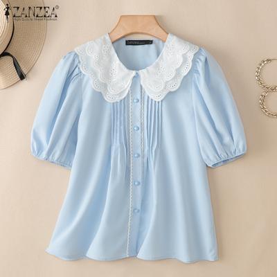 Blusa feminina casual com gola de boneca e manga curta de verão