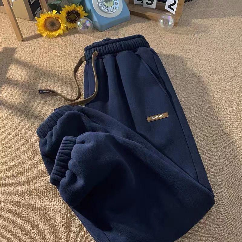 Lambskin and Fleece Sweatpants for Women, Versatile for Autumn and Winter, Thick and Warm Pants, New Design Sense, Niche Sportswear Pants