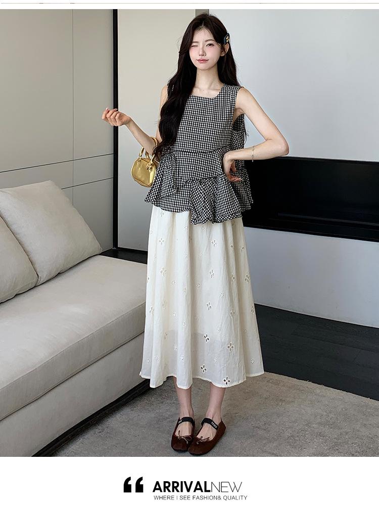 2026 Summer Plaid Sleeveless Maternity Top & Apricot Hollow-Out Skirt Set