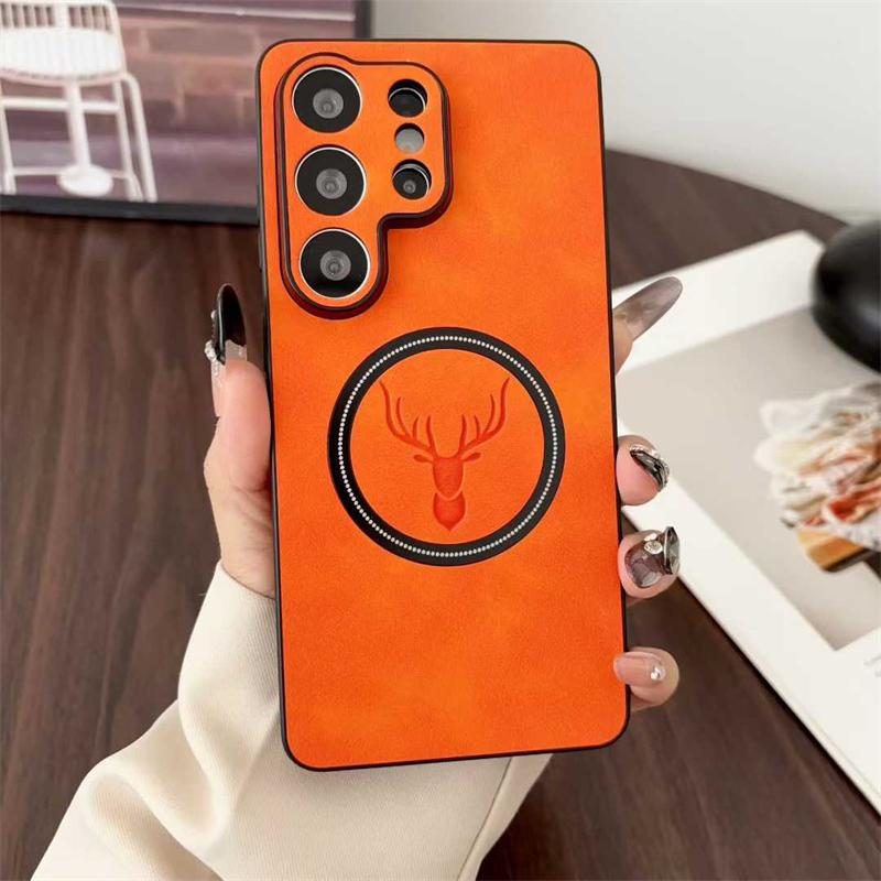PU Leather Deer Head Magnetic Case for Samsung Galaxy S26 Ultra S25 Fe S23 S22 Plus S26+ Magsafe Mac Safe Shockproof Phone Cover