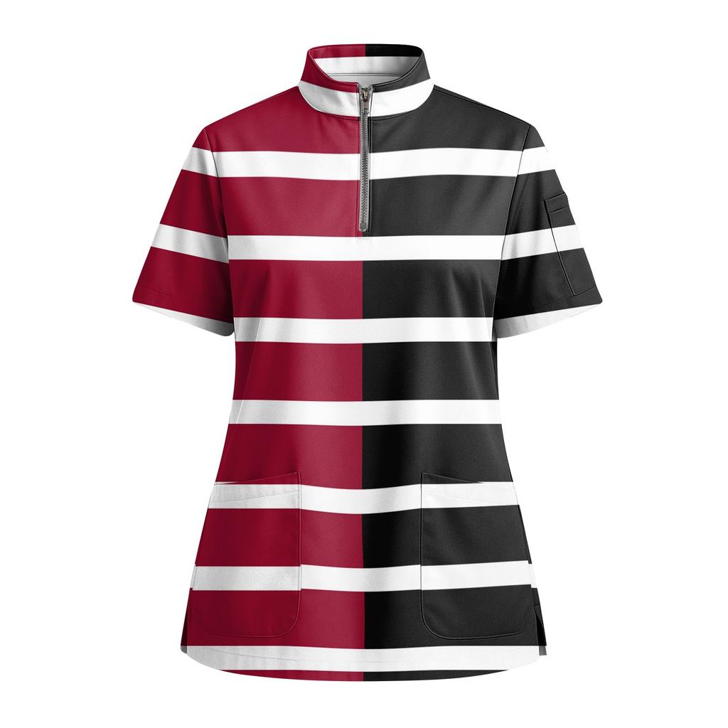 Women's Short Sleeved Printed V-neck Buttonable Side Slit Top T-shirt