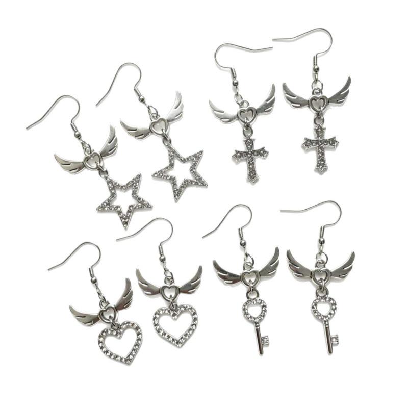 Japanese Sweet Rhinestone Heart and Angel Wings Earrings
