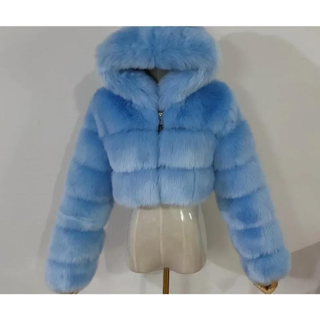 VAYLA Herbstlicher, flauschiger Kunstpelzmantel für Damen, flauschiger Kapuzenmantel, gerader Schnitt, kurze Winterpelzjacke, modische Streetwear, neu