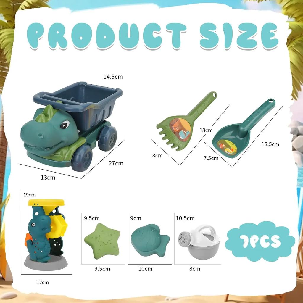 Beach Toy Car & Shovel Set -Dinosaur Themed Sand Toys with Hourglass Dredger Fun Beach Activity Kit for Ages 3-8 Kids Sand Scoop